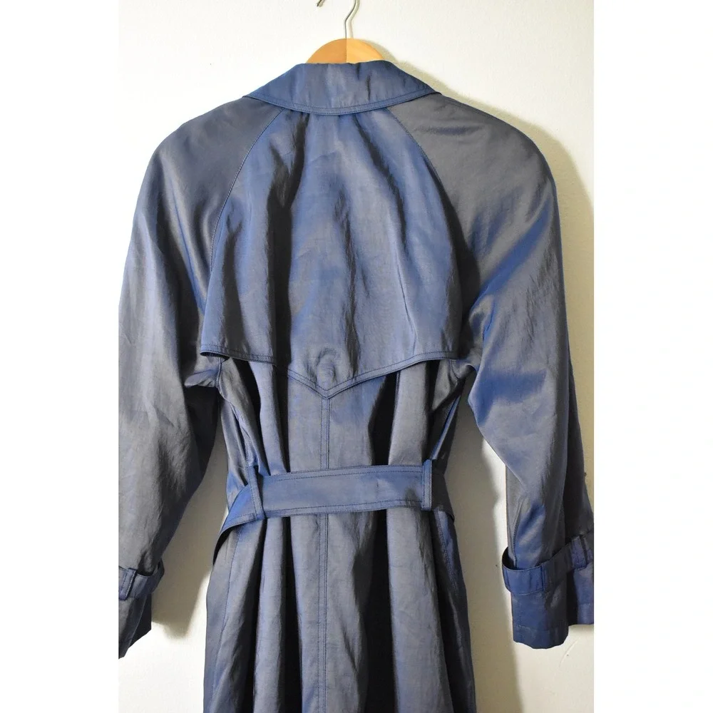 Jones‎ New York Trench Coat Womens Size L Blue Vintage 80s Iridescent Belted USA